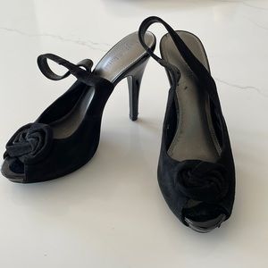 Black suede peep toe heels sling back.